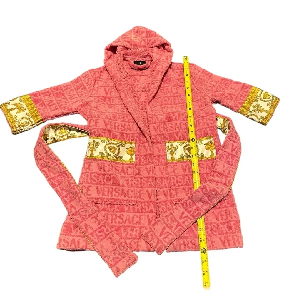 Versace Kids Coral Hooded Pajama Robe with Gold Baroque Trim, pre-owned